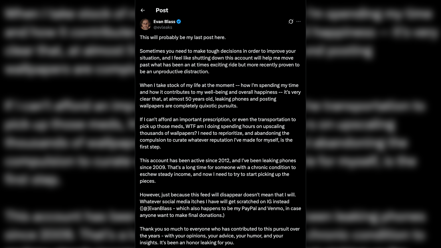 Post publicação de despedida de Evan Blass no perfil EvLeaks