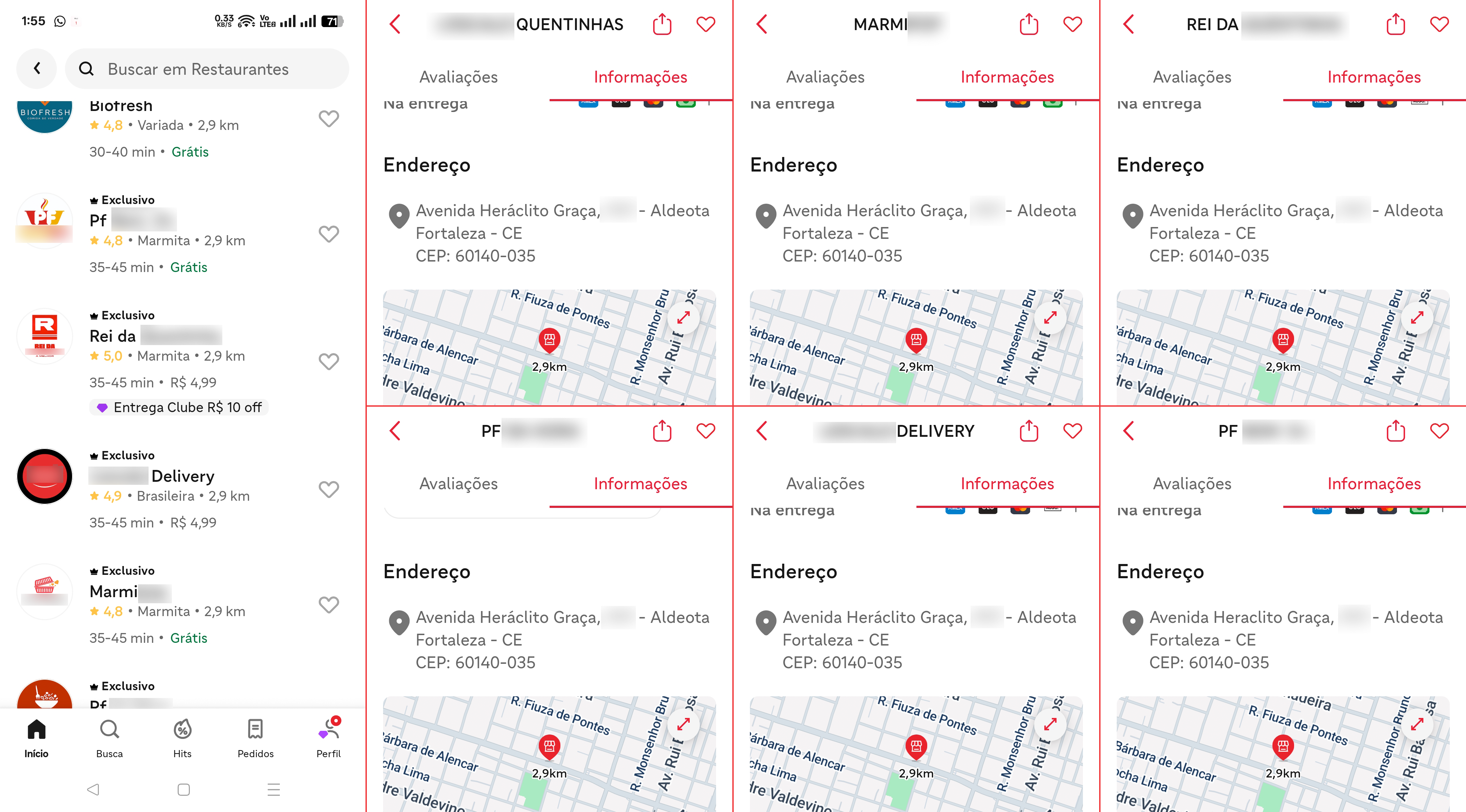 Capturas de tela mostrando restaurantes duplicados no iFood