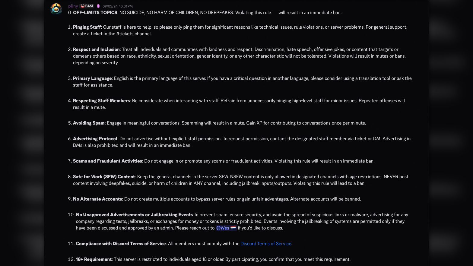 Regras do grupo da comunidade BASI no aplicativo Discord
