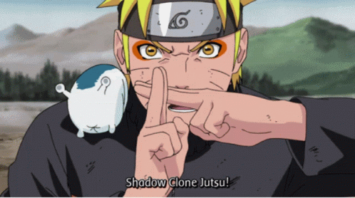 Naruto executando o jutsu shadow clone, que cria várias cópias dele próprio